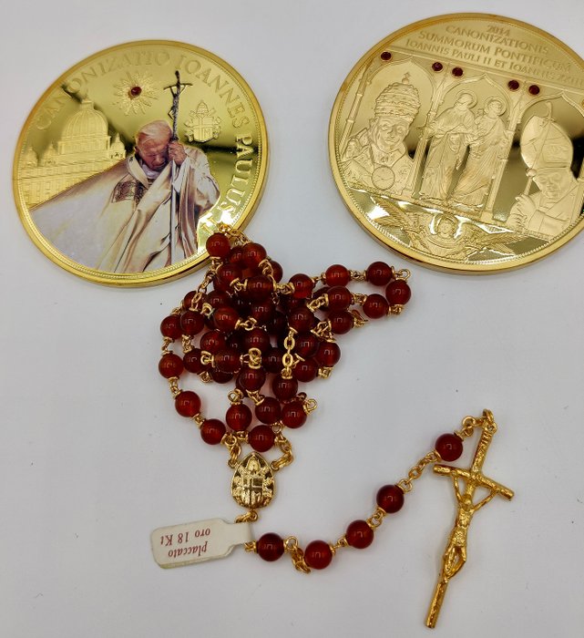 宗教和精神物品 - 教宗聖若望保祿二世 - 罕見的帶有教宗徽章和兩枚獎章的觀眾念珠 (3) - 鍍金 - 雜項 - 2010-2020