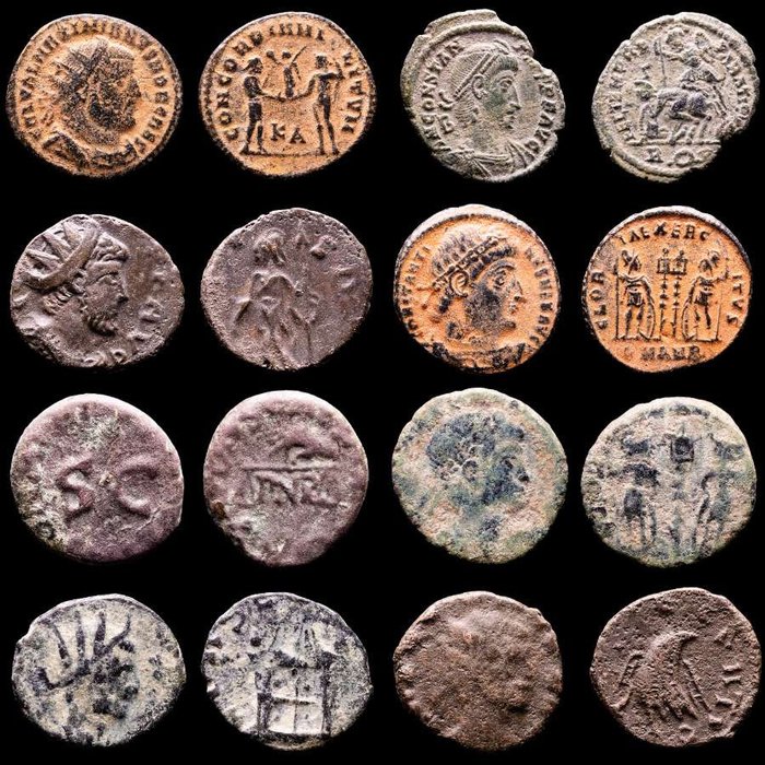 Roman Empire. Lot comprising eight (8) AE coins:  Antoninianus, Follis, Maiorinas. Antoninianus, Follis, Maiorinas. Maximianus II, Constantius II, Claudius II (2), Tetricus I, Constantine I, Claudius I & Valens  (No Reserve Price)