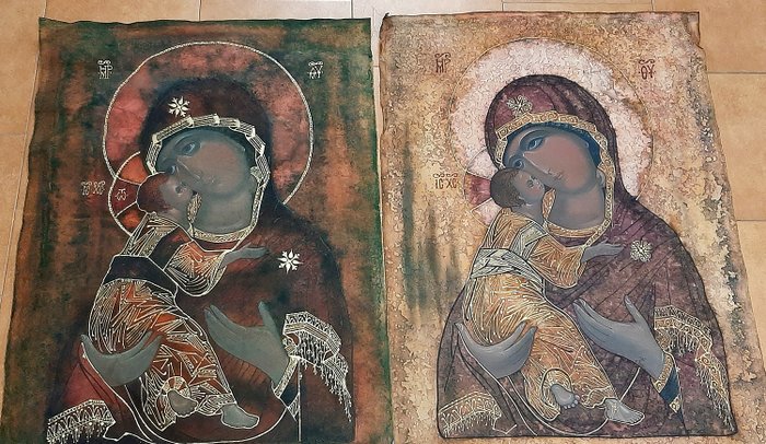 Ikone - Paar russische Ikonen auf Leinwand gemalt - Textilien