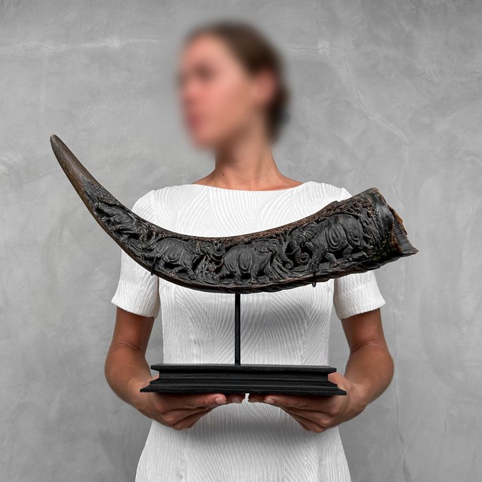 Schnitzerei, NO RESERVE PRICE - Finely engraved large horn of a water buffalo on a custom stand-Elephant parade - 31 cm - Bubalus Bubalis Horn - 2024