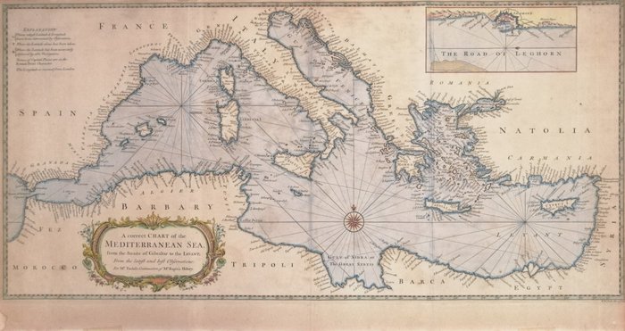 Middelhavet, Kart - Spania / Gibraltar / Frankrike / Italia / Dalmatia / Hellas; Richard William Seale - A correct chart of the Mediterranean Sea, from the Straits of Gibraltar to the Levant - 1721-1750