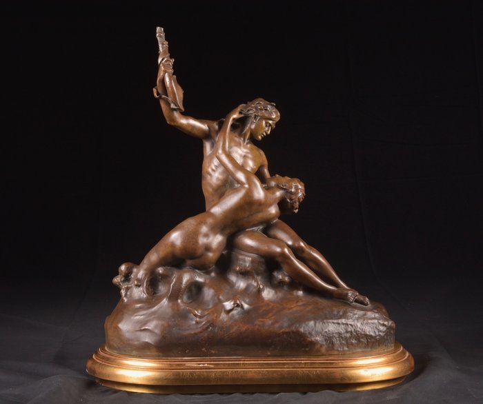 Susse Frères - Emmanuel Hannaux (1855-1934) - Skulptur, "Le Poète et la Sirène" - 65 cm - Patinerat brons