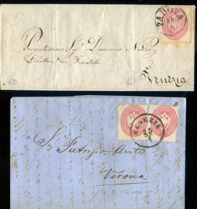 Italian antiikkivaltiot - Lombardo Veneto 1864 - 5 kolikkoa "Aquiletta" väreissä "Pink" ja "Rosa Vivo" - Sassone 38, 38a