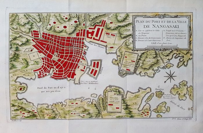 Aasia, Kartta - Japani / Nagasaki / Kyushu / Japani / Aasia; La Haye / P. de Hondt / J.N. Bellin - Plan de la Ville et du Port de Nangasaki - 1721-1750
