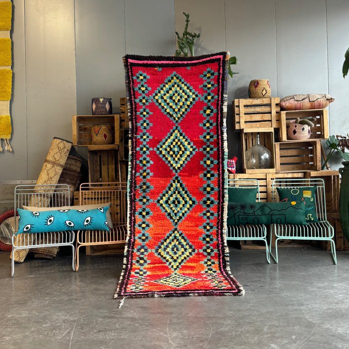 Vintage marokkanischer Berber-Läuferteppich – roter Boucherouite-Flurteppich - Läufer - 275 cm - 95 cm