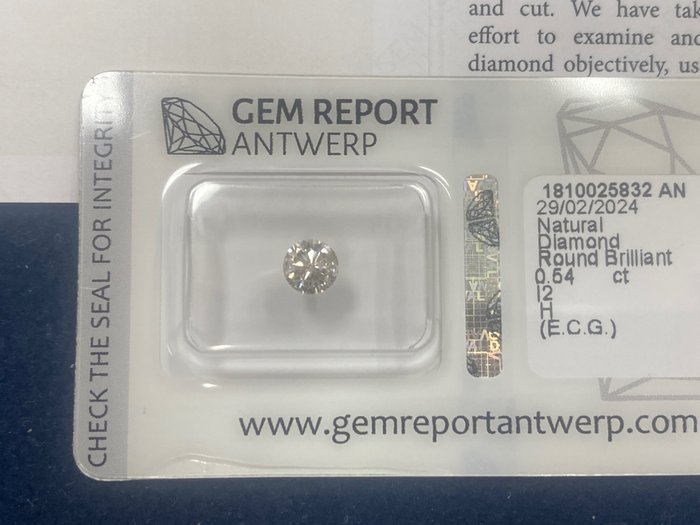1 pcs 鑽石 - 0.54 ct - 圓形 - H(次於白色的有色鑽石) - I2, No reserve price