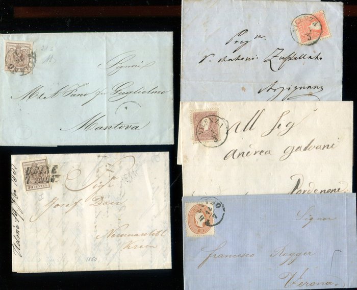 意大利古城邦- Lombardo Veneto 1850/1862 - 小套 5 份文件，盖有第 1、2、3 期印章 - Sassone 7, 21, 30, 31, 34.