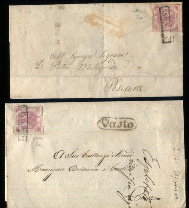 Italienische Antike Staaten - Neapel 1858 - 2 frankierte Belege 2 Korn 1. Teller „Fliederrosa“ - Sassone 5a