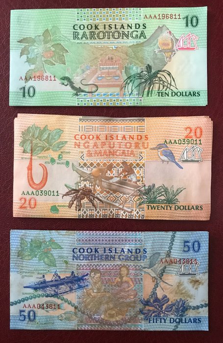 库克群岛. - 10 x 10, 10 x 20, 10 x 50 Dollars ND (1992) - Pick 8a, 9a, 10a.  (没有保留价)