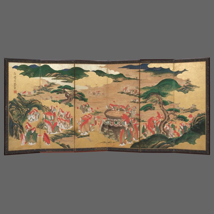Paravento Byōbu - Foglia oro, Legno laccato, Seta - Giappone - Periodo Edo (1600-1868)