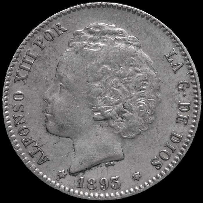 西班牙. Alfonso XIII (1886-1931). 1 Peseta 1893  ( *93 ) PGL  (沒有保留價)