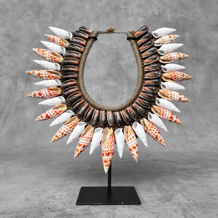 Decoratief ornament (1) - NO RESERVE PRICE - SN11 - Decorative Shell Necklace on a custom stand from Grote verbrande oranje mijterschelp - Indonesië
