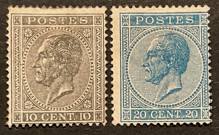 Bélgica 1865 - Leopold I no perfil esquerdo: 10c Cinza e 20c Azul - múltiplas inspeções - OBP/COB 17A + 18A