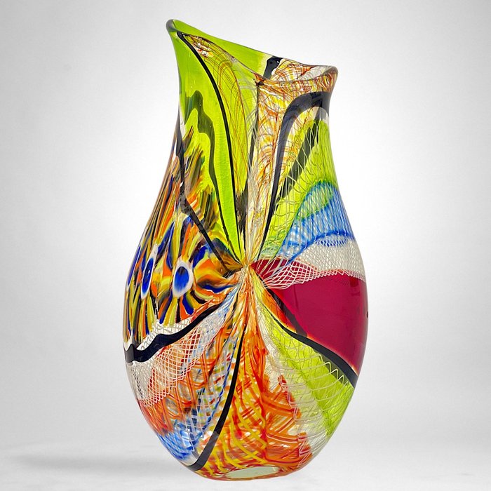 Filippo Maso - Vas -  Vaza mare multicolora cu filigran, murrine si reticello  - Sticlă