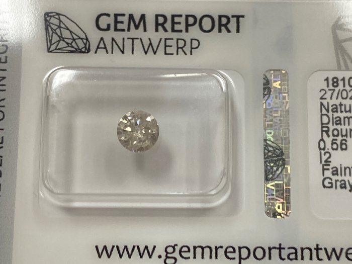 1 pcs 钻石 - 0.56 ct - 圆形 - Faint yellowish gray - I2 内含二级, No reserve price