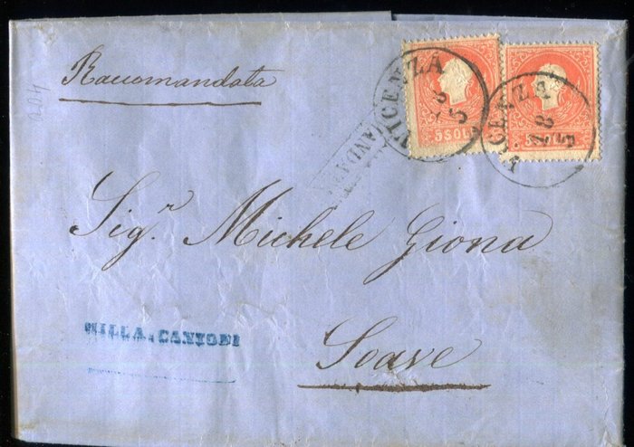 Ókori itáliai államok - Lombard-Velencei Királyság 1859 - 5 sous "Head" 2. típus ajánlott levélben. - Sassone 30