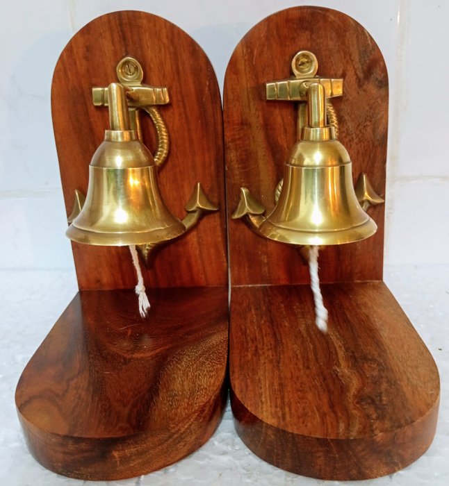 Bookends (2) - Bell with anchor - Walnut wood and brass