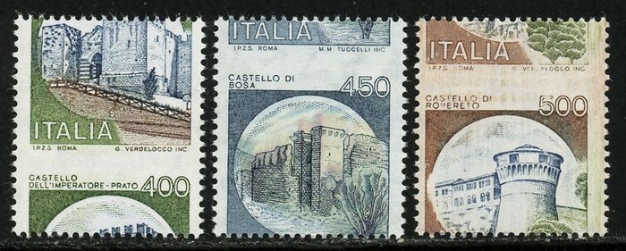 Italie 1980 - Castelli L. 400, 450 et 500 avec dentelures très décalées. Certificats