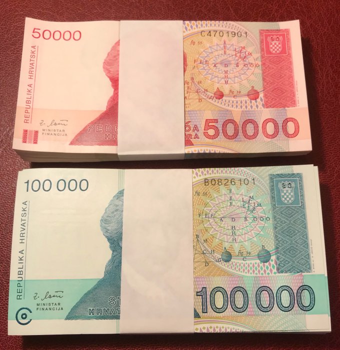 Kroatië. - 100 x 50.000, 100 x 100.000 Dinara 1993 - original bundles - Pick 26a, 27a  (Zonder Minimumprijs)