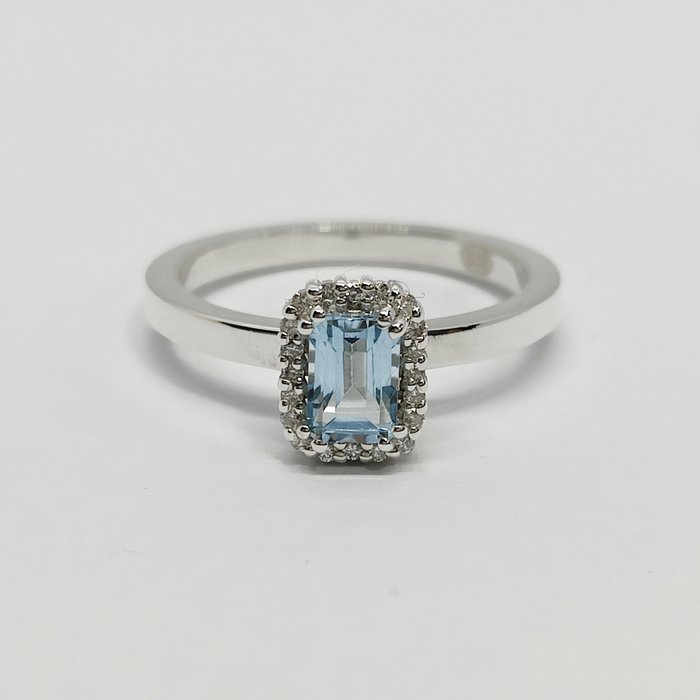 No Reserve Price - Ring Silver -  0.82 tw. Aquamarine - Diamond 