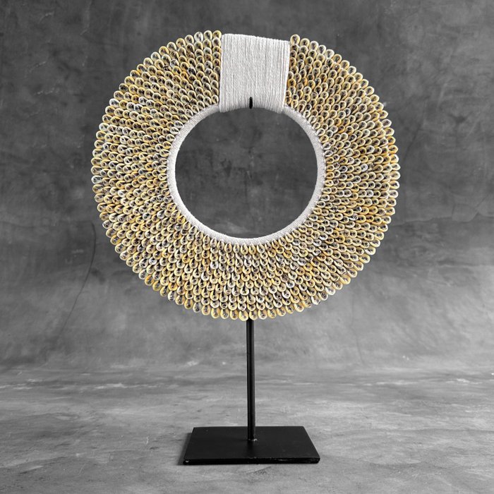 Decorative ornament (1) - NO RESERVE PRICE - Yellow/Grey Colored Tolai Necklace on a custom stand- Countless Nassa Shells woven onto Natural Fibres - Indonesia