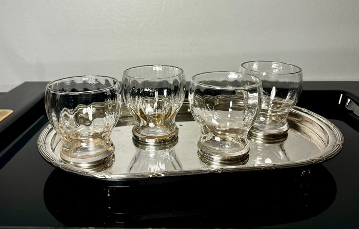 Set di bicchieri (5) - (4) Bicchieri da cabaret e vassoio - Argento, Vetro