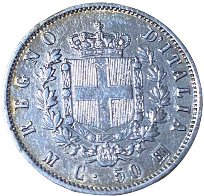 Italien, kungariket Italien. Vittorio Emanuele II di Savoia (1861-1878). 50 Centesimi 1863 "Stemma" Milano