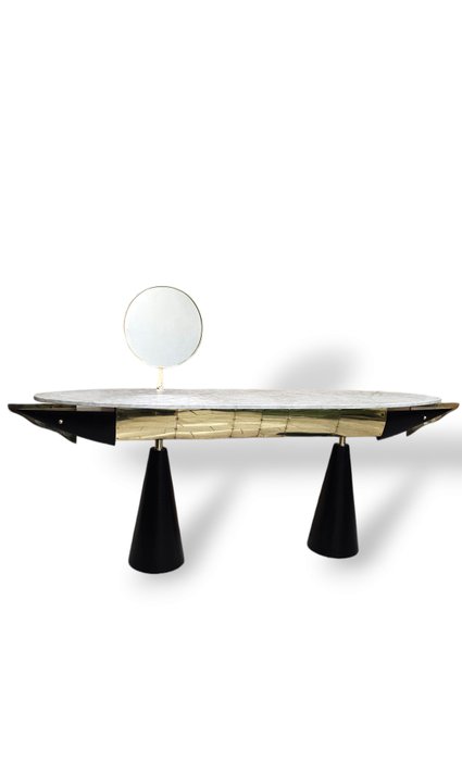 Konsol bord - Carrara marmorplade med rundt messingspejl, sortlakerede træben