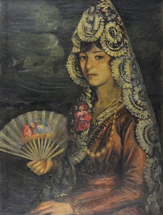 Escuela española (XIX) - Dama con mantilla y abanico