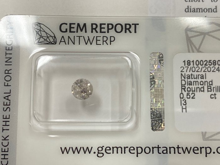 1 pcs 钻石 - 0.52 ct - 圆形 - H - I3 内含三级, No reserve price
