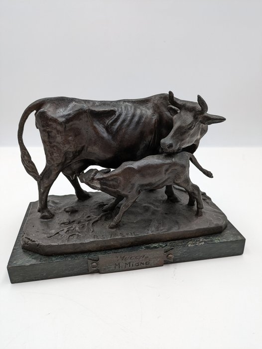 Dal modello di Pierre-Jules Mêne (1810-1879) - Γλυπτό, Mucca con vitello - 18 cm - Μπρούντζος