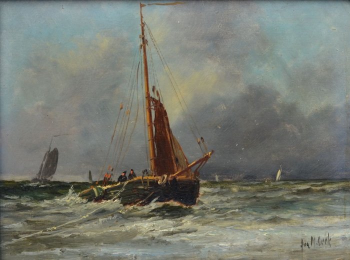 J.M. Beek (1879-1965) - Varende bomschuiten op een woelige zee met dreigende wolkenluchten