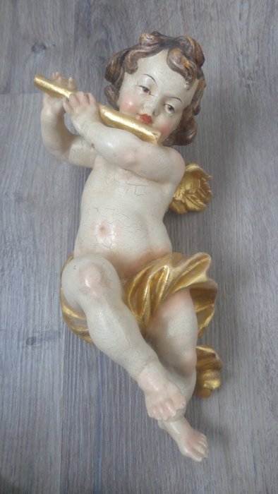 Rzeźba, farbiger Engel  mit Querflöte  Amor  Wandfigur - HOLZFIGUR - Handarbeit - 27 cm - Drewno