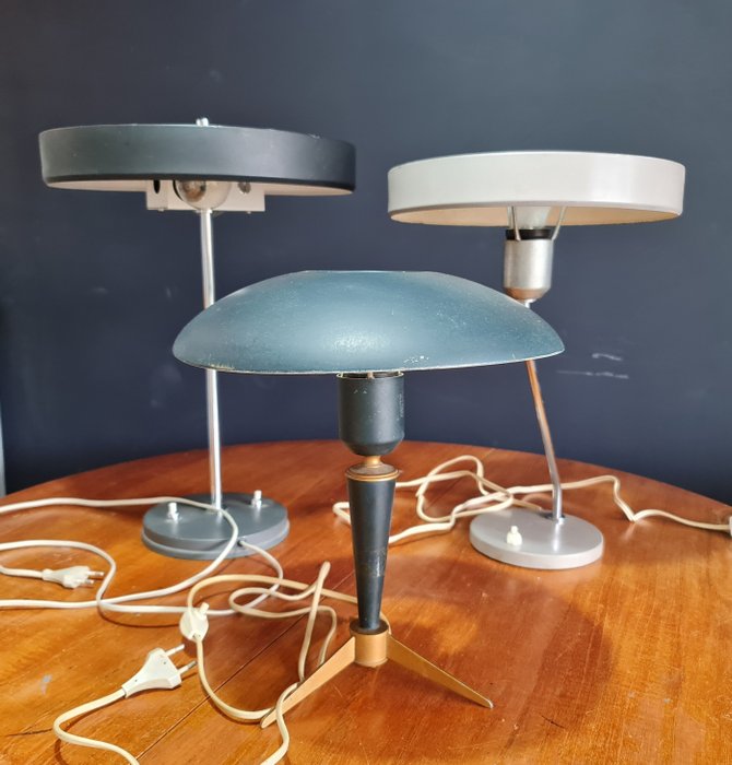 Philips - Louis Kalff - Asztali lámpa (3) - Timor, Bijou és Rómeó - Alumínium, krómozott acél