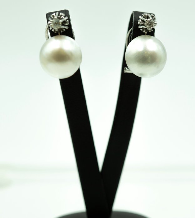 耳环 - 18K包金 白金 钻石  (天然) - 珍珠 