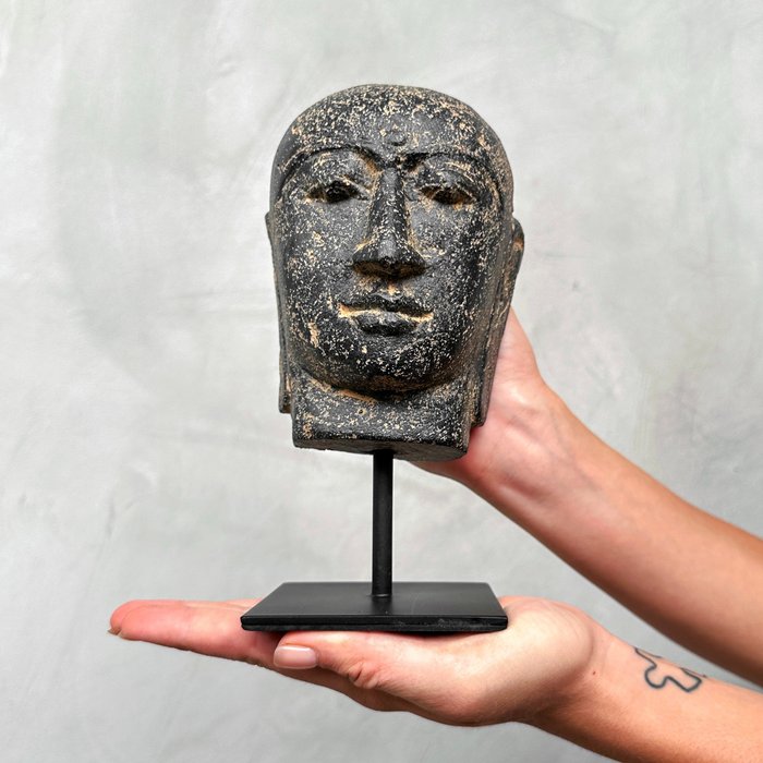 Szobor, NO RESERVE PRICE - Javanese Budha Head on a custom stand - 20 cm - Lávakő - 2024