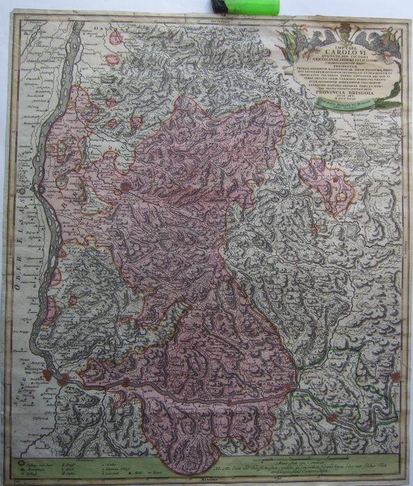 Europa, Mapa - Alemania / Breisgau / Suiza / Basilea / Baden / Friburgo / Rheinfelden / Breisach / Kaiserstuhl /; Homann - Imp.Caes. Carolo VI .... Provincia Brisgoia .... 1718.... - 1701-1720