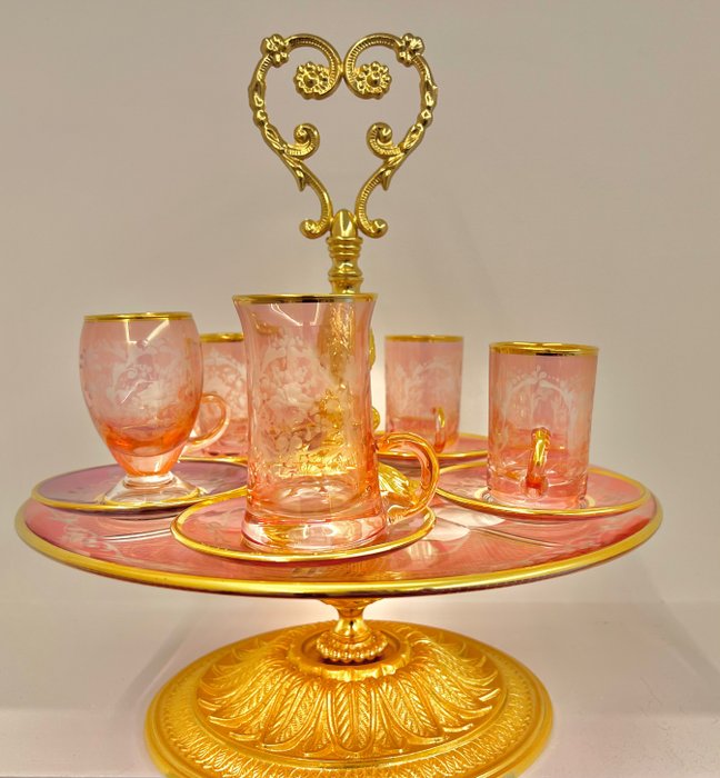 Antica bottega veneta - Étagère - Voorbeeldige geblazen en geslepen etagère in antieke roos met gouden handvat - .999 (24 kt) goud, Kristal