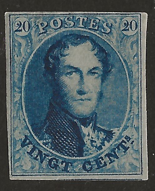 Belgia 1861 - 20c blå, uperforert medaljong uten vannmerke, med kanter - OBP/COB 11