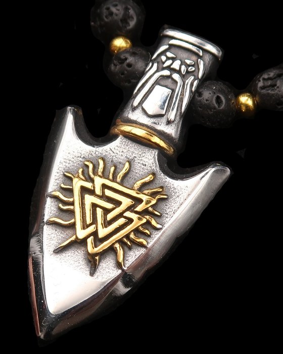 Pohjoismainen kaulakoru - Viking-nuoli - Odinin jumalallinen suoja - Laavakivi, GF14K kultainen - Kaulakoru
