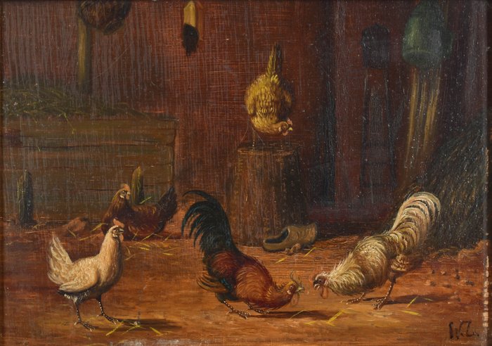 Hollandse school . (XIX) - Roosters and hens in stable