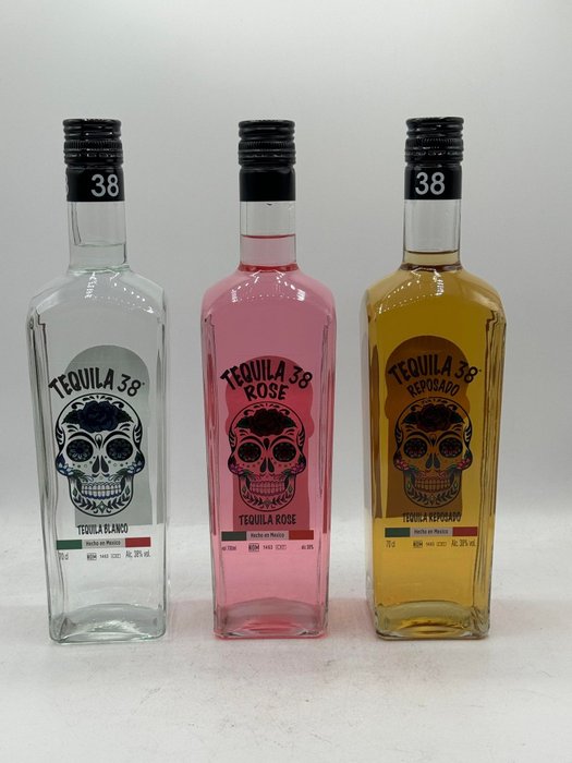 Tequila 38 Blanco - Rose -  Reposado - 70 cl - 3 botellas