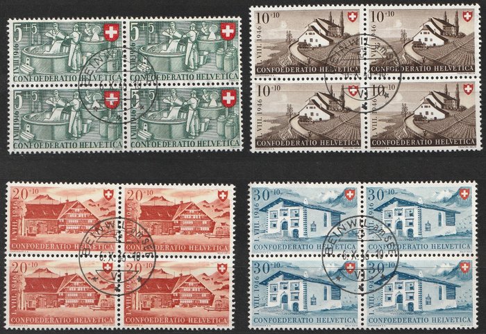 Sveits 1946/1949 - Pro Patria, serien i blokker av 4 fra denne perioden