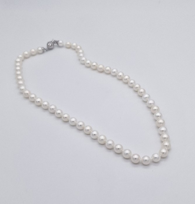Ohne Mindestpreis - Halskette - 18 kt Weißgold Perle - Diamant 