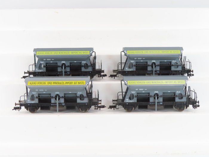 Fleischmann H0 - 5511 - Machetă tren transport marfă (4) - 4x 2 axe de jos/autodescărcare cu imprimare „Alkag Kohlen und Mineralolie import AG Basel” - SBB-CFF