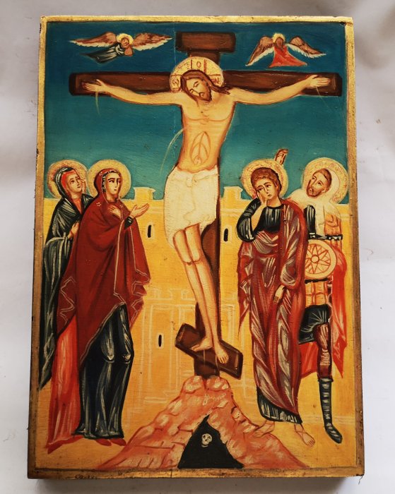 Icono - Icono ruso pintado a mano con la crucifixión de Jesús. - Madera