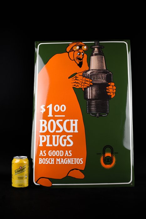 Sign - BOSCH - XL BOSCH "spark plug WIZARD" sign/unique color; handmade; enamel; 600mm