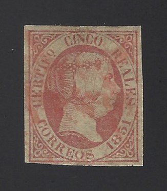 Spanien 1851 - 5 Reales Isabel II röd spindelpoststämpel - Edifil nº 9