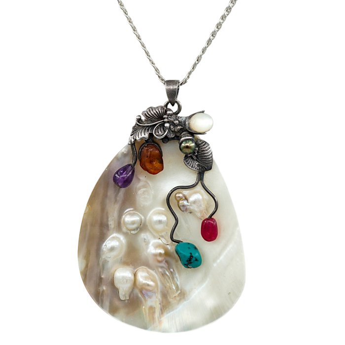 No Reserve Price - Handmade - Necklace with pendant - Navajo Silver Mixed gemstones - Amethyst 
