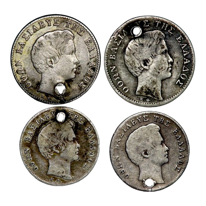 Grecia. King Otto. A lot of 4x old Greek Silver coins, holed, all different 1833 - 1834  (Fără preț de rezervă)